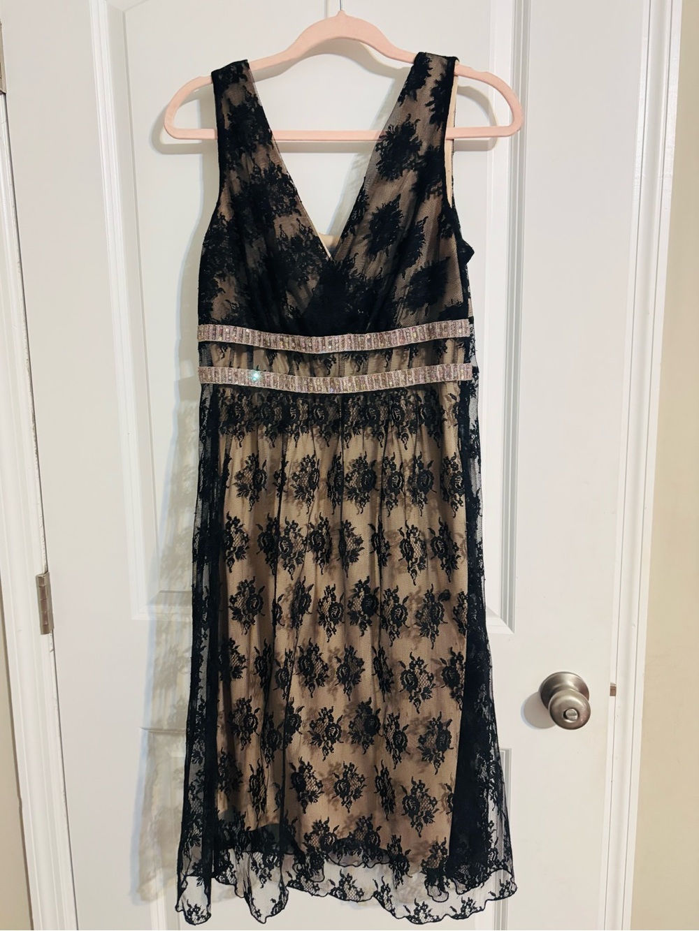 Rabbit Rabbit Rabbit Black Lace Dress with Nude Lining and Silver Metallic Trim